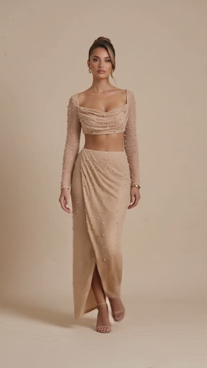 Oh Polly Beaded Skirt and Long Sleeved Crop Top Co-ord - Size 10
