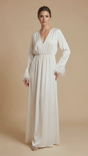 Nadine Merabi Flowy Robe Dress with Feather Cuffs - Size 14