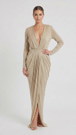 House of CB Gold Shimmer Plunge Draped Maxi Dress - Size Medium
