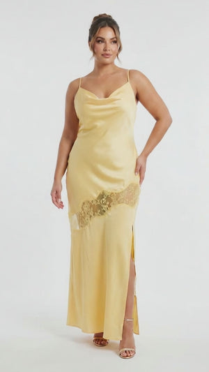 Meshki Chandra Lace Detail Satin Maxi Dress in Lemon - Size XL