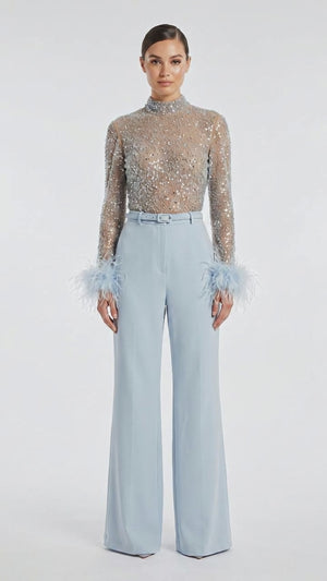 Nadine Merabi Embellished Feather Cuff Jumpsuit - Size 12