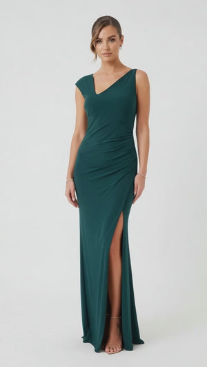 Club L London Dynasty Dark Green Asymmetric-Neck Maxi Dress - Size 16