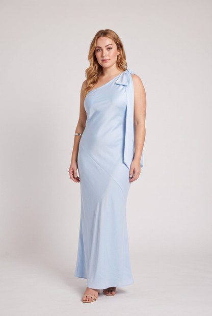 “Here For Love” Powder Blue Satin Asymmetric Maxi Dress with Bow
