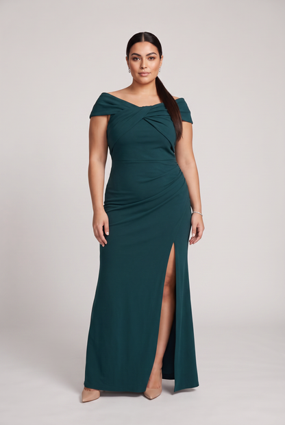 Dynasty Dark Green Asymmetric-Neck Maxi Dress